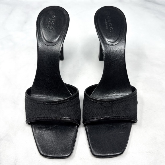 Gucci Vintage GG Monogram Canvas Leather Square Toe Block Heel Mules Black 8.5 - Picture 3 of 14